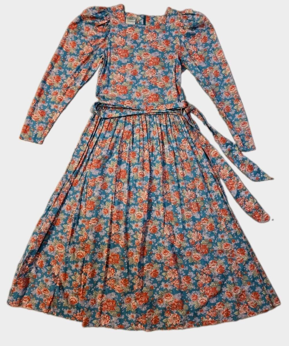 Vintage 1980s Laura Ashley Prairie Dress UK 12 US 10 Teal Coral Floral